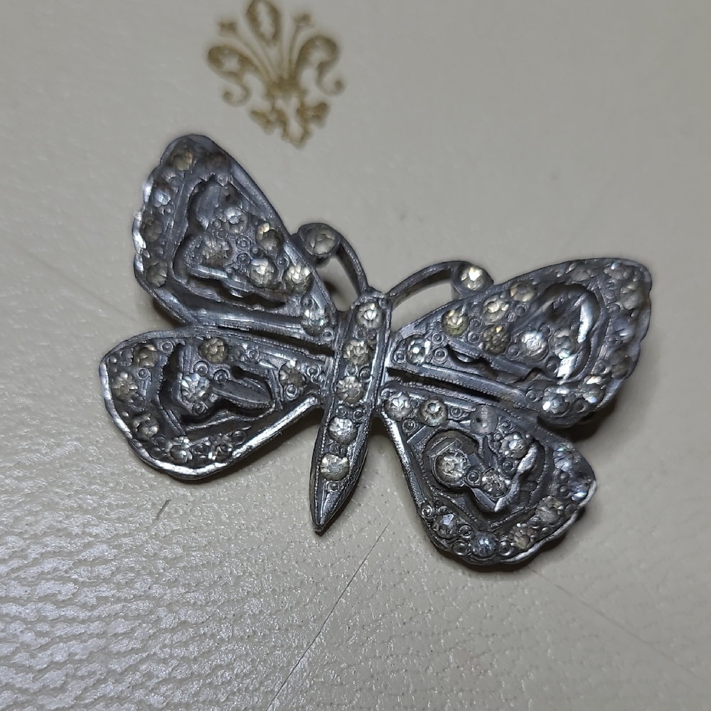 2/$22 Vintage Silvertone & Rhinestone Butterfly Brooch